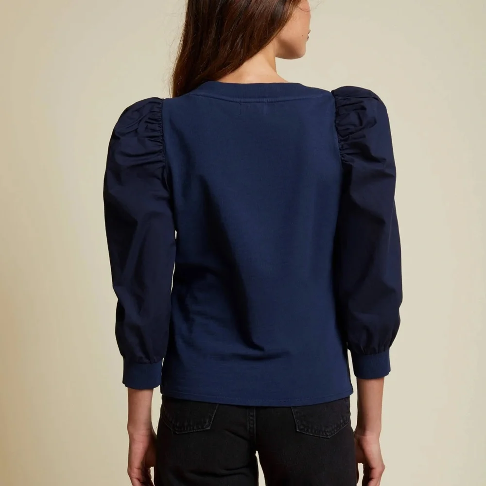 Nation LTD 100%cotton Blue Asymmetrical Ruched Puff Sleeve Blouse.      order115 - Picture 6 of 14